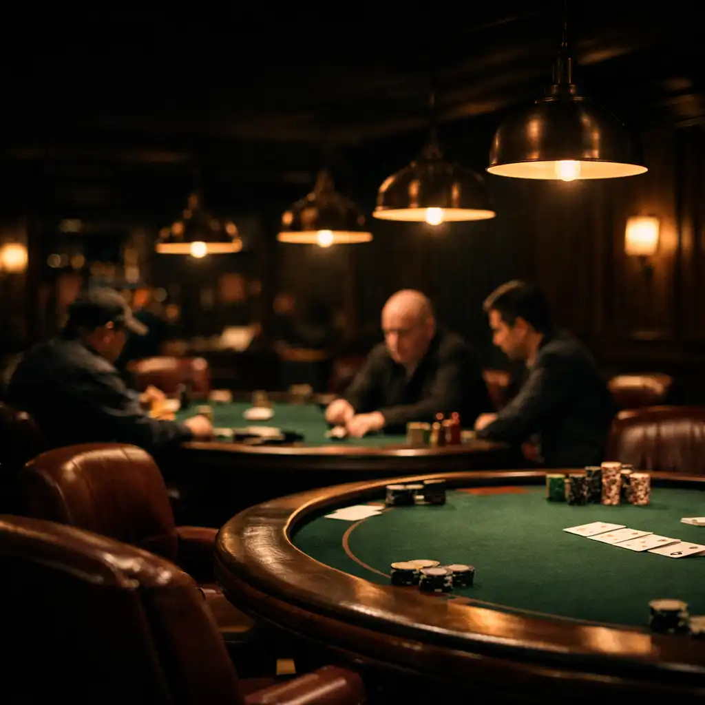 Cinematic view of the Card Lounge at night with deep green felt poker tables, dark wood rails, burgundy leather chairs, and warm pendant lighting