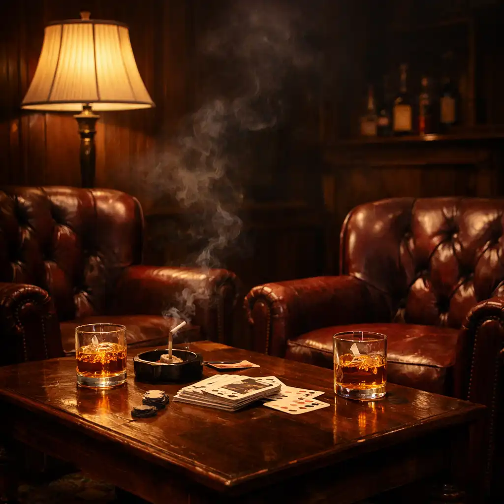 The card lounge at night, with deep burgundy leather armchairs, a low wooden table, and a deck of cards under warm lighting
