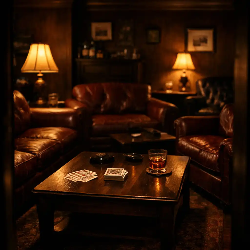 Cozy card lounge with dark wood furniture, burgundy leather sofas, and a low coffee table with a deck of cards