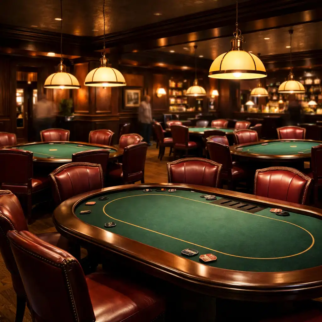 Interior view of the Card Lounge with several poker tables, dark wood floors, deep green felt, burgundy leather chairs, and warm pendant lighting