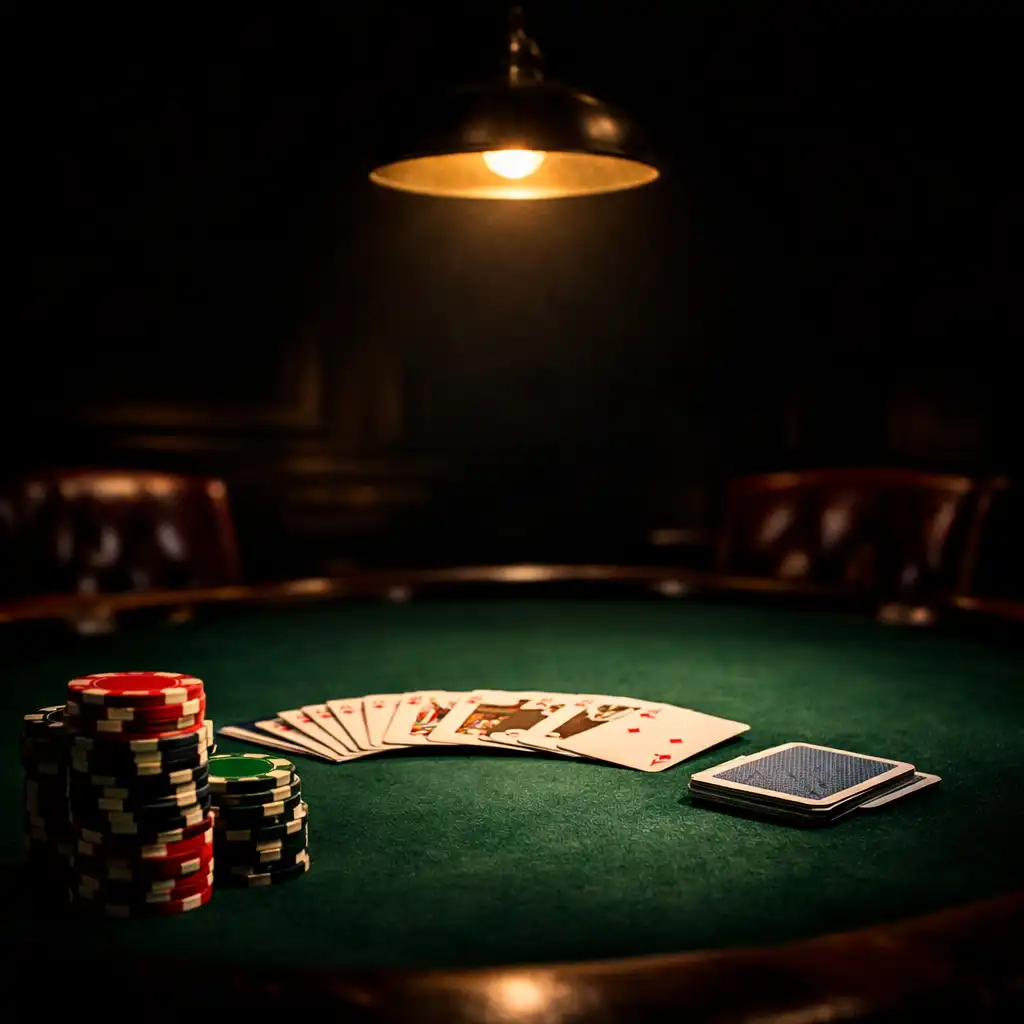 Cinematic poker table with chips and cards under warm light