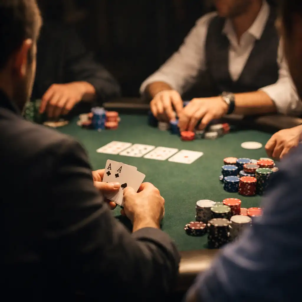 Players seated around a poker table engaged in face-to-face play