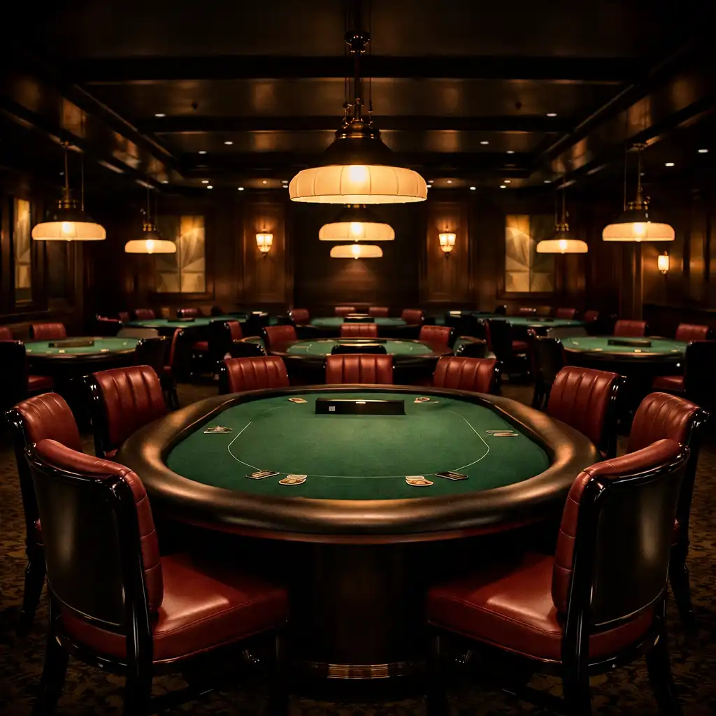 Premium poker room with multiple tables and warm pendant lighting