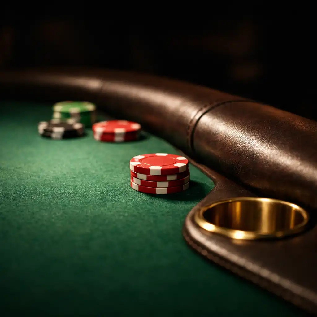 Close-up of a premium poker table with green felt, chips, and padded rail