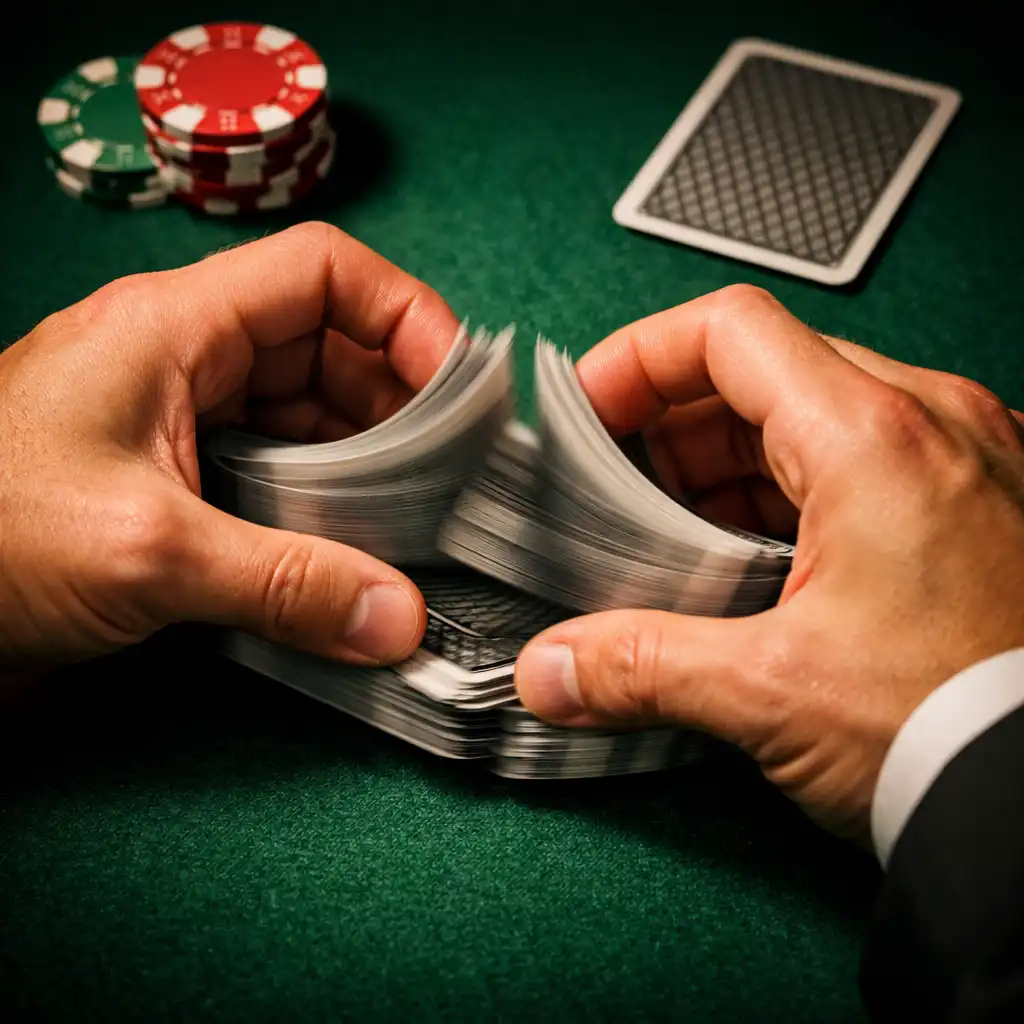 Close-up of a dealer's hands shuffling premium plastic playing cards over a green felt poker table