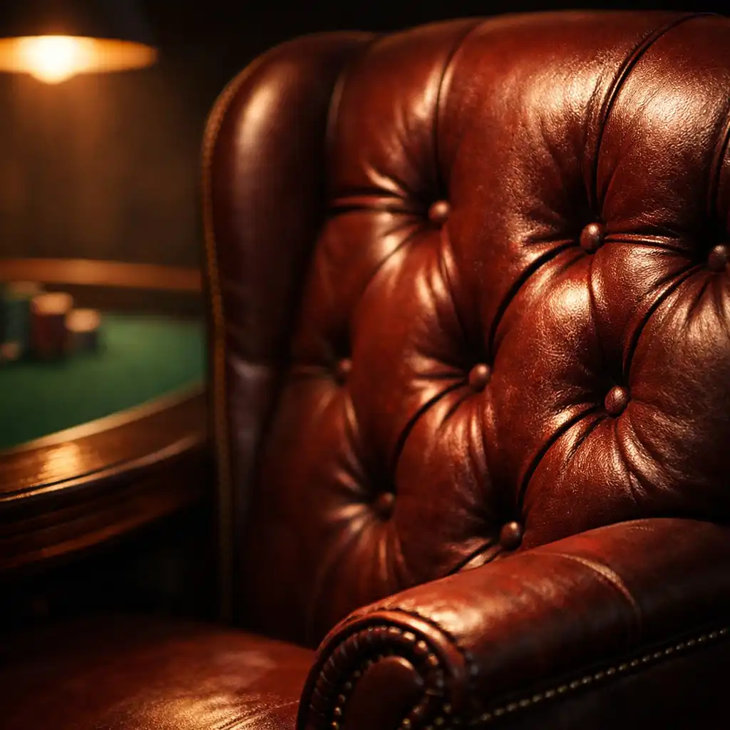 Close-up of a burgundy leather poker chair with stitched detail beside a dark wood table