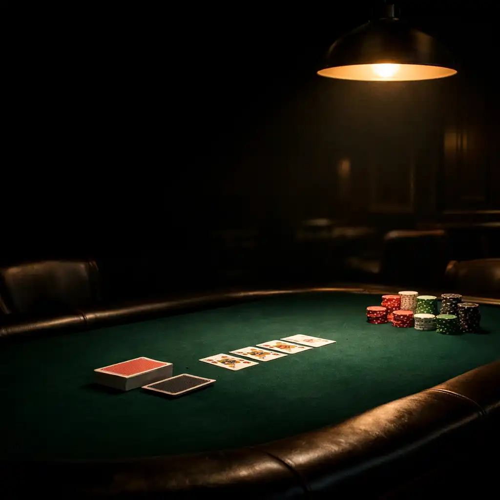 A cinematic poker table in the Devonshire Green Room, with deep green felt, cards, and chips under a single warm pendant light
