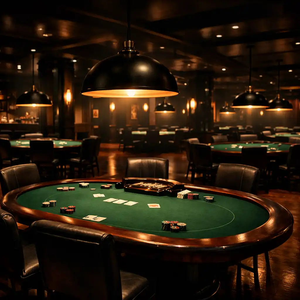 Wide view of a premium poker room with multiple tables, warm pendant lights, and dark wood floors
