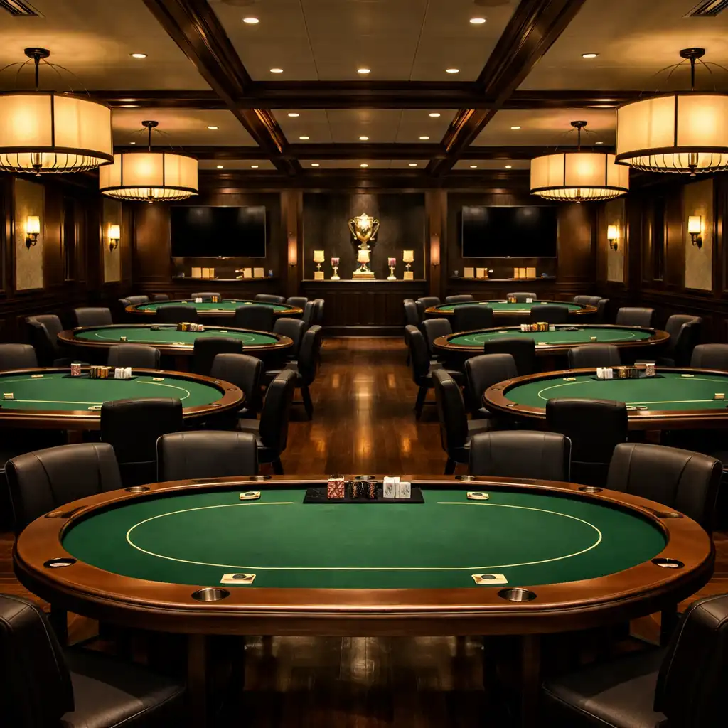Premium poker room set up for an event with multiple green felt tables and warm accent lighting