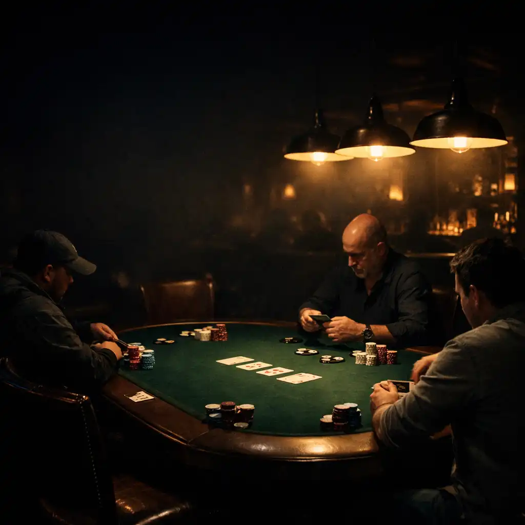 Dimly lit premium poker room with a deep green felt table, dark wood chairs, and pendant lights