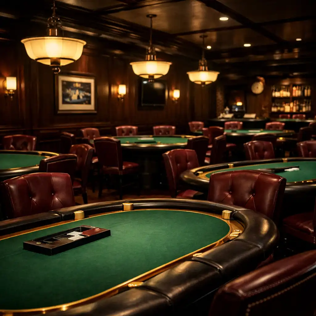 Interior of a dedicated poker room with multiple professional poker tables, dark wood paneling, and burgundy leather chairs