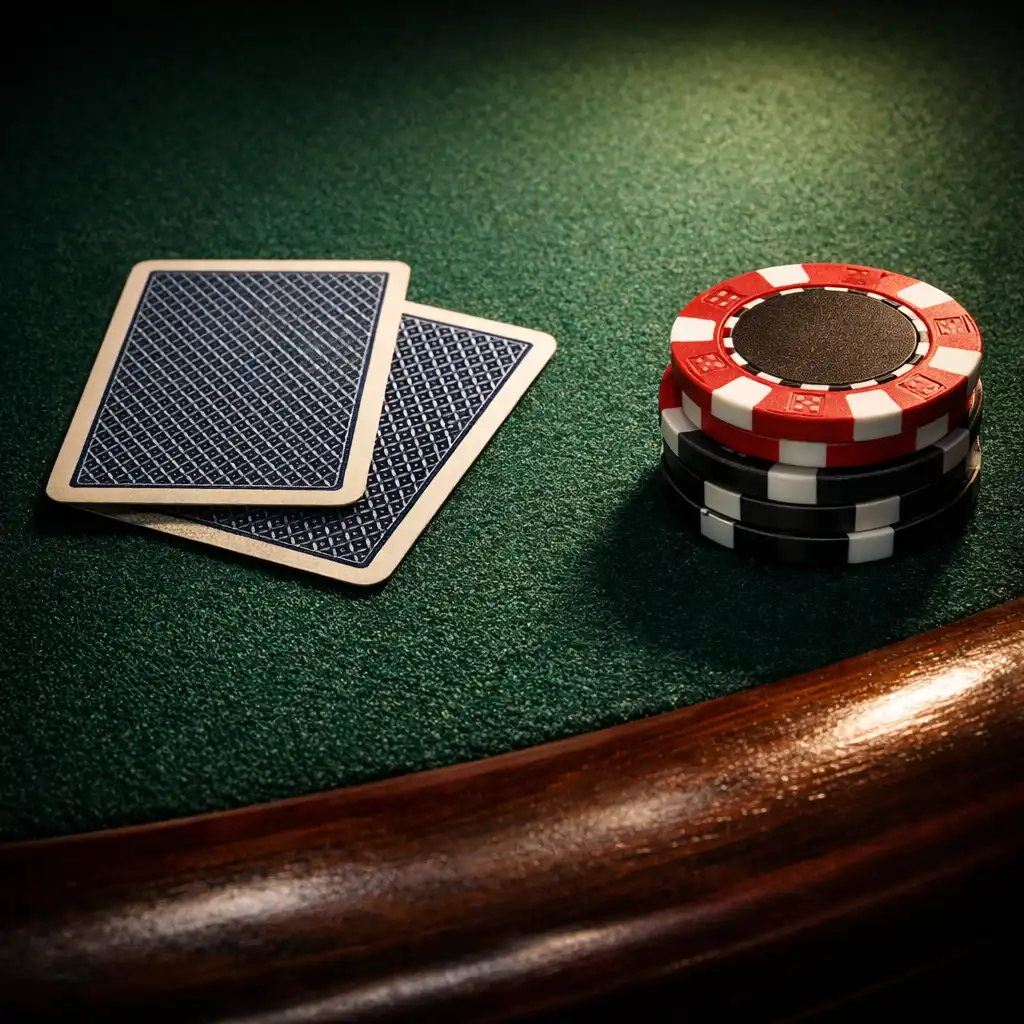 Close-up of a premium poker table with deep green felt, face-down playing cards, and neatly stacked poker chips under warm spotlight