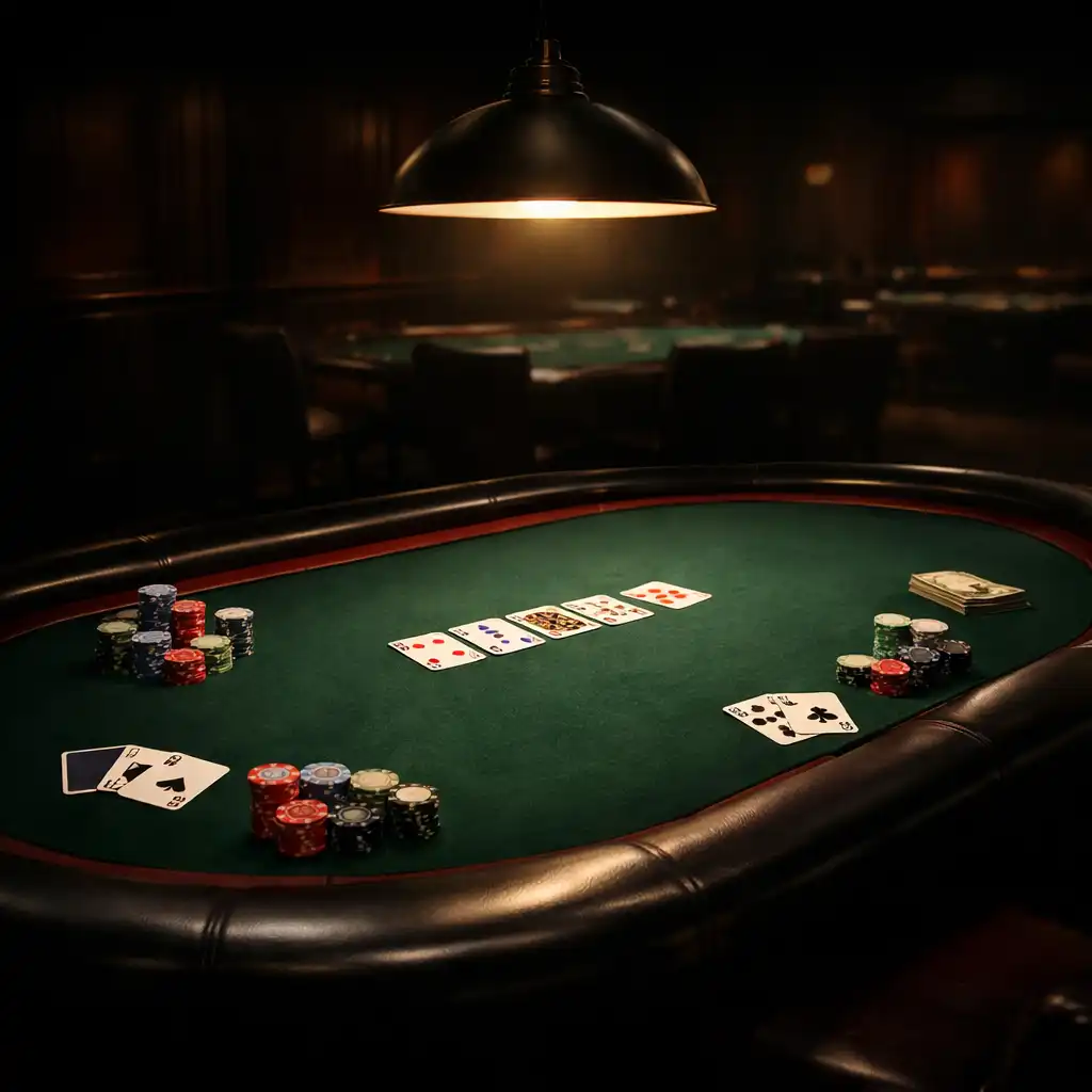 Professional poker table with deep green felt, black lacquer rail, and warm pendant lighting in a dark poker room