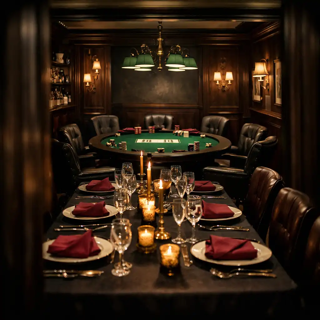 Private dining room set for a poker event with a poker table in the background