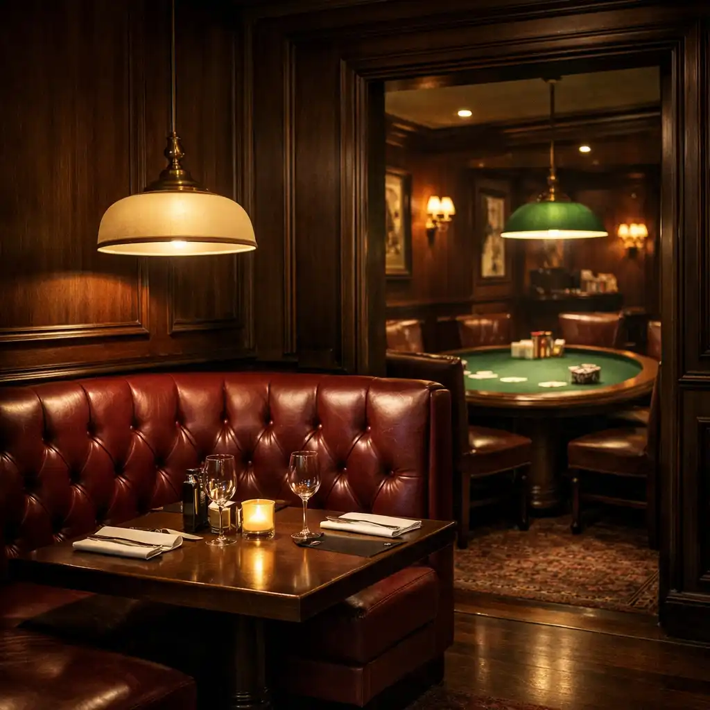 Corner of the restaurant with a leather booth and a view toward the card lounge