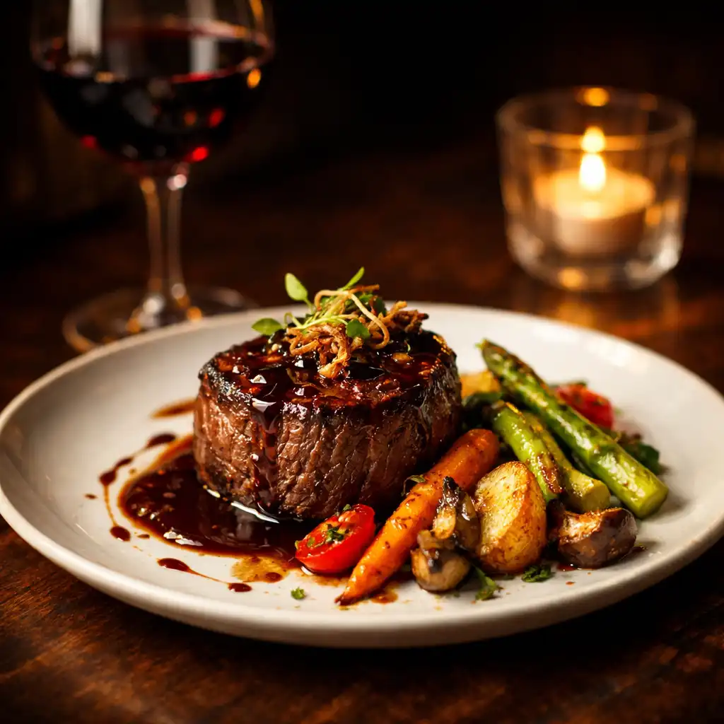 Beautifully plated gourmet dish on a dark wood table with a glass of red wine and soft candlelight