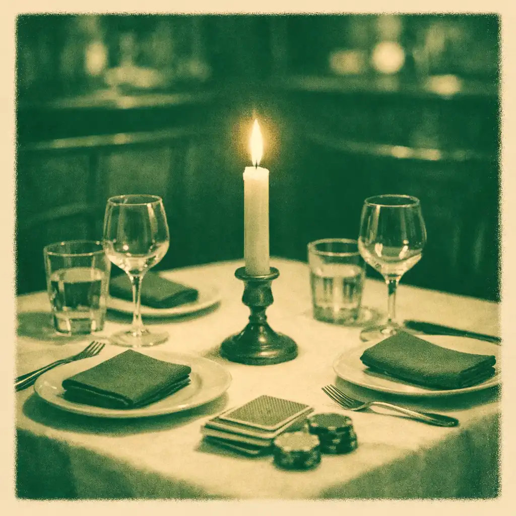A small, intimate restaurant table set for two with a white tablecloth, simple china, and a single candle, treated in a felt-green and warm-cream duotone