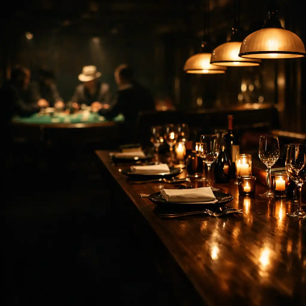 Dark moody restaurant interior with a hint of a poker table in the background